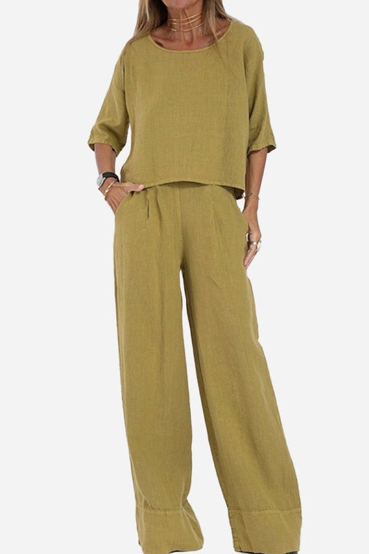 Relaxed Linen-Texture Two-Piece Set with Wide-Leg Trousers