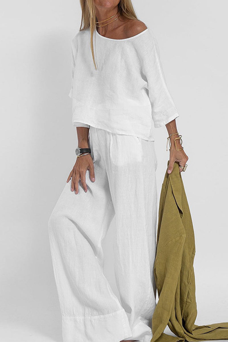 Relaxed Linen-Texture Two-Piece Set with Wide-Leg Trousers