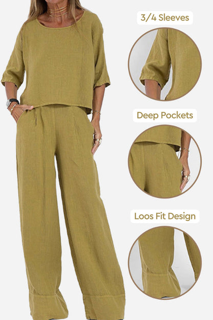 Relaxed Linen-Texture Two-Piece Set with Wide-Leg Trousers