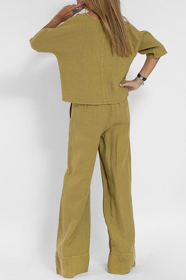 Relaxed Linen-Texture Two-Piece Set with Wide-Leg Trousers