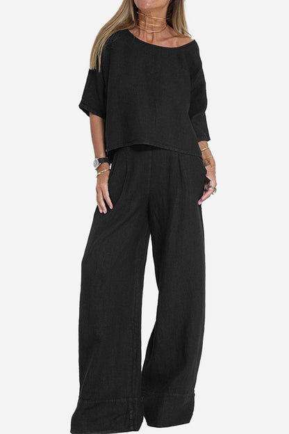 Relaxed Linen-Texture Two-Piece Set with Wide-Leg Trousers