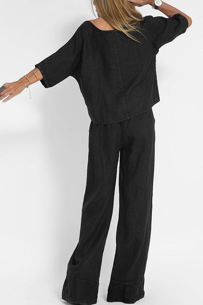 Relaxed Linen-Texture Two-Piece Set with Wide-Leg Trousers