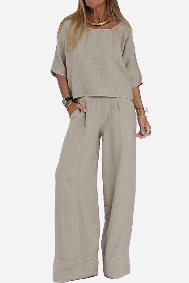 Relaxed Linen-Texture Two-Piece Set with Wide-Leg Trousers