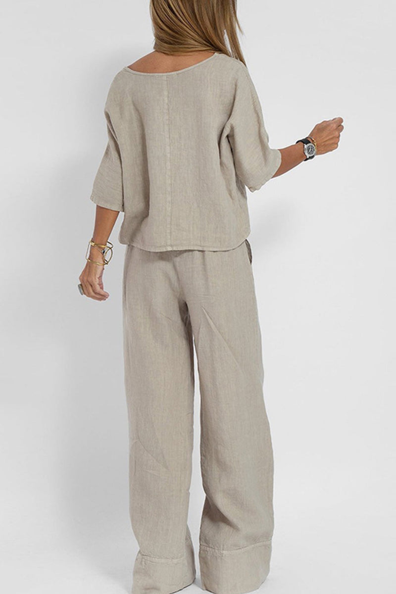 Relaxed Linen-Texture Two-Piece Set with Wide-Leg Trousers