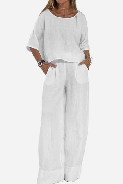 Relaxed Linen-Texture Two-Piece Set with Wide-Leg Trousers