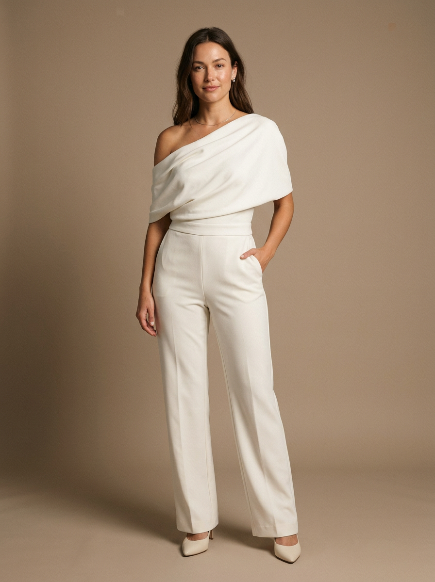 Jovina One-Shoulder Draped Bodice Jumpsuit with Wide-Leg Silhouette