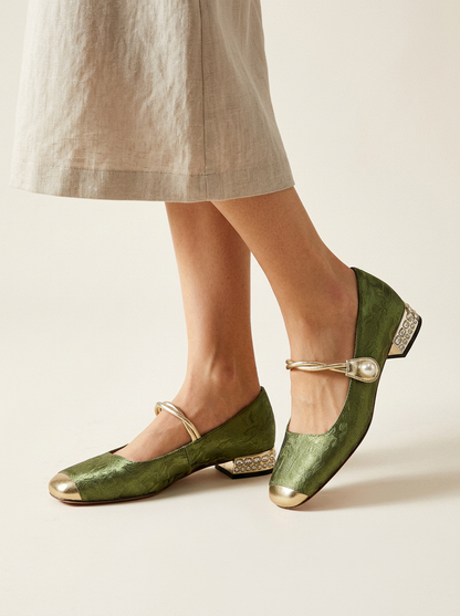 Elegant Brocade Mary Jane Shoes with Pearl-Embellished Metallic Strap