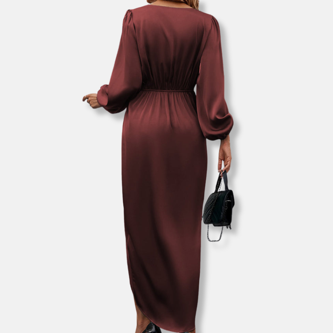Draped Satin Midi Dress with Asymmetric Hem