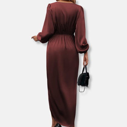 Draped Satin Midi Dress with Asymmetric Hem