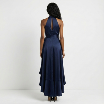 Satin Halter Neck Wrap Maxi Dress with Bow Tie Waist and Ruffled Hem