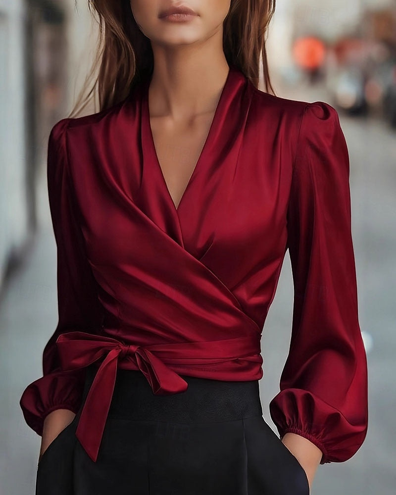 Flowing V-Neck Blouse with Delicate Lace-Up Detail