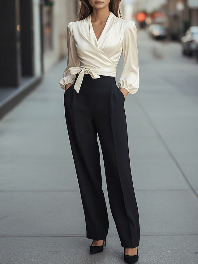 Flowing V-Neck Blouse with Delicate Lace-Up Detail