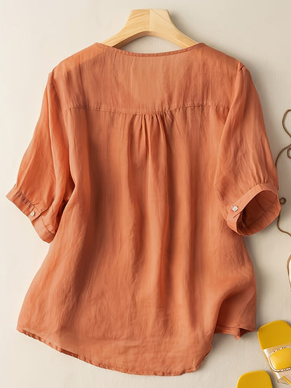 Embroidered V-Neck Relaxed Fit Tunic Blouse