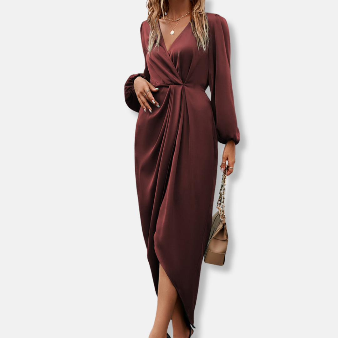Draped Satin Midi Dress with Asymmetric Hem