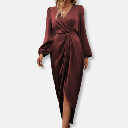 Draped Satin Midi Dress with Asymmetric Hem