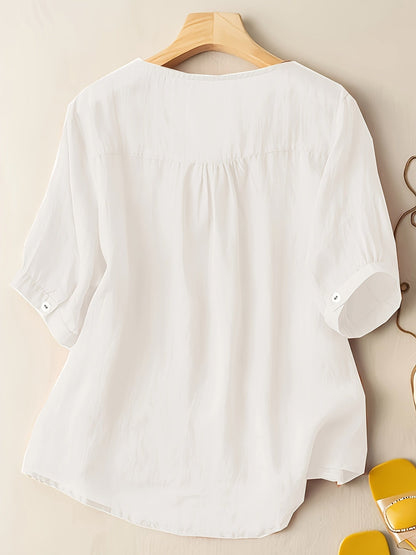 Embroidered V-Neck Relaxed Fit Tunic Blouse