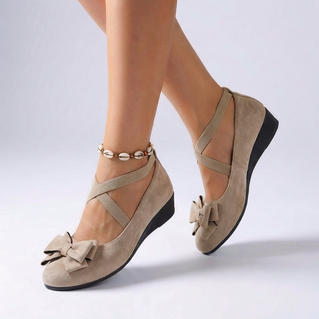 Fitted Wedge Loafers with Cross-over Straps and Bow Detail