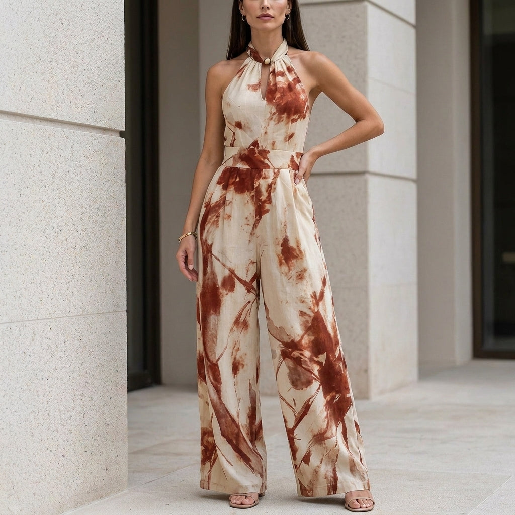 Coastal Bloom Halter Wide-Leg Resort Jumpsuit