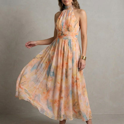Ariellea Flowing Chiffon Halter Neck Maxi Dress with Waist Tie