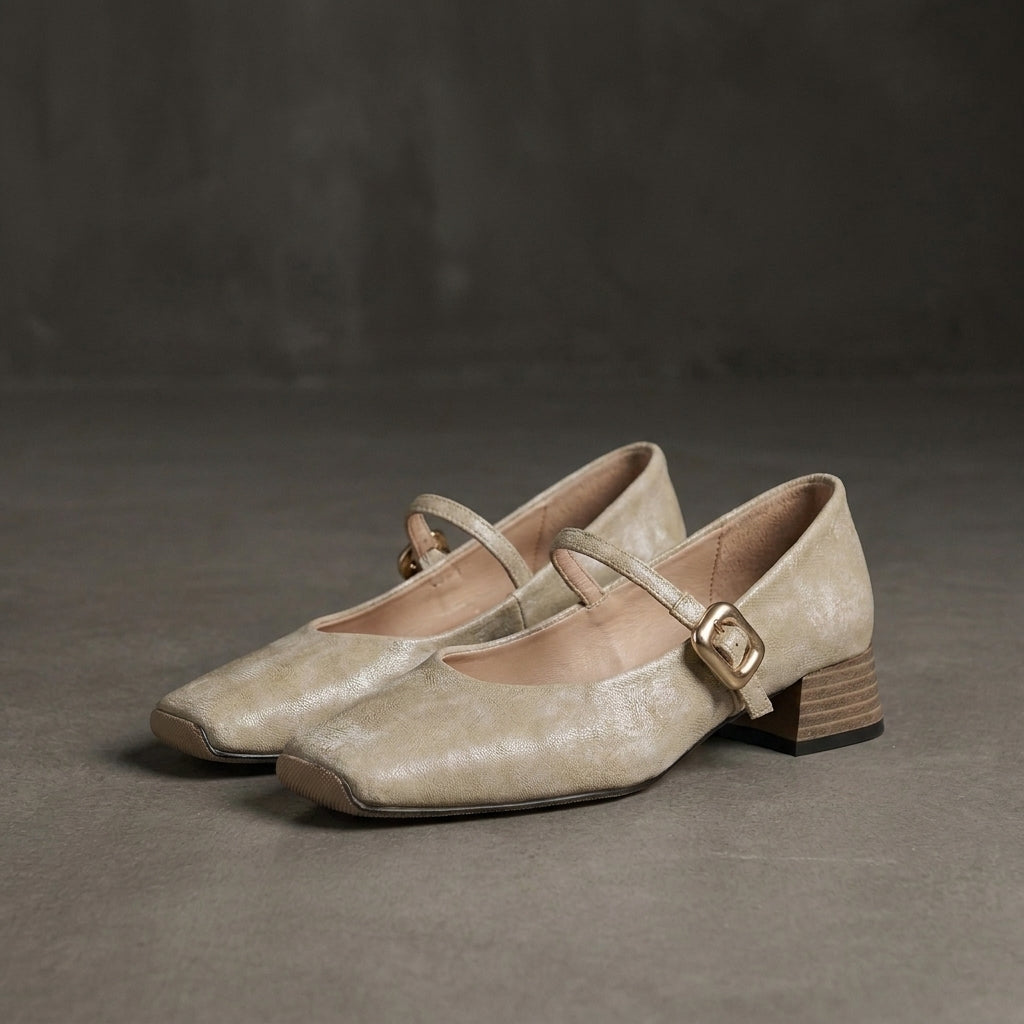 Vintage Inspired Mary Jane Heels with Soft Metallic Finish and Buckle