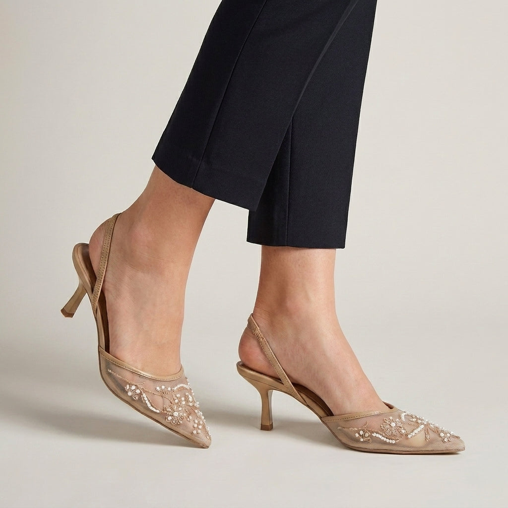 Embroidered Pointed Toe Slingback Heels for Elegant Occasions