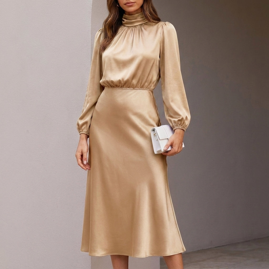 Tailored High Waist Midi Dress with Elegant Sleeves