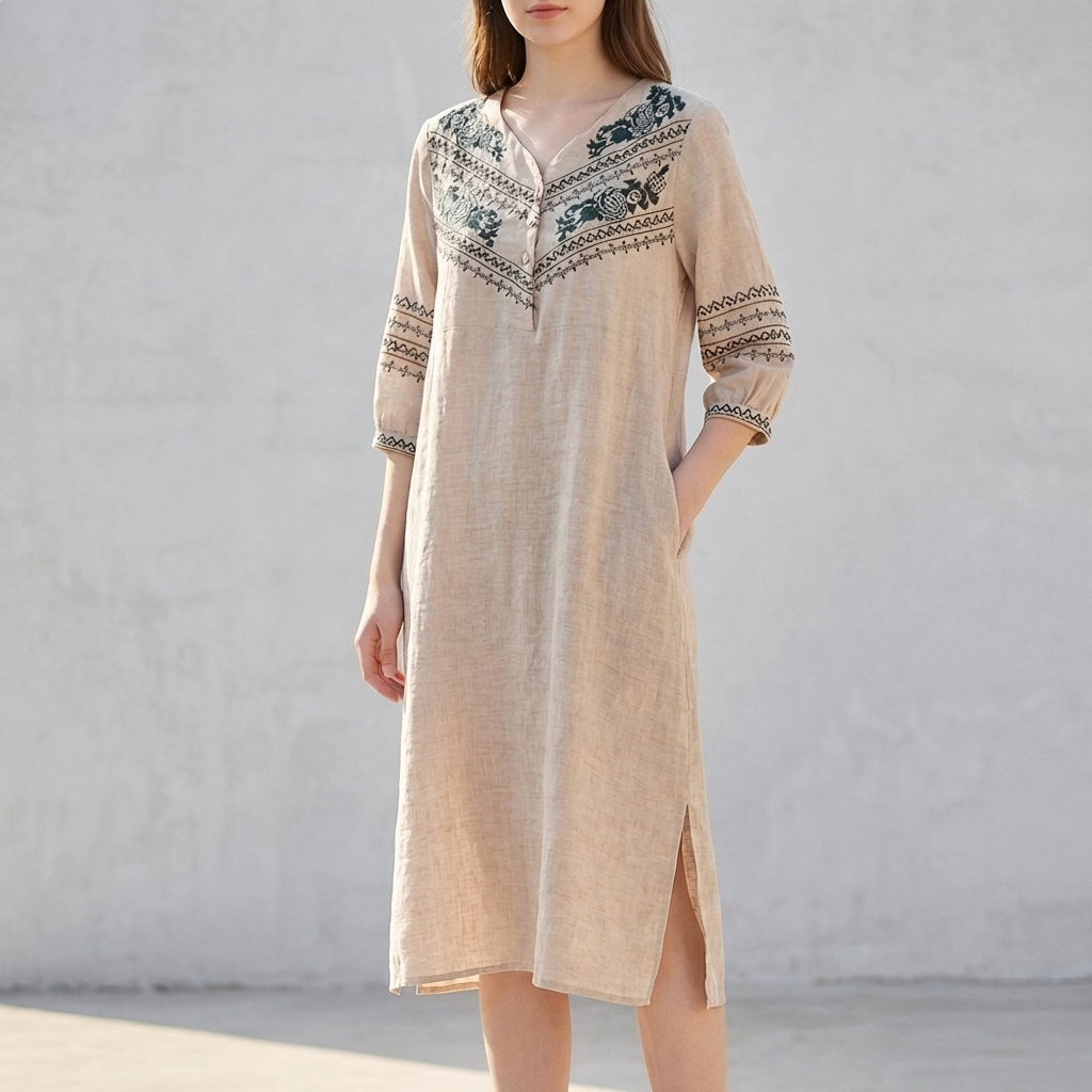 Embroidered Ethnic-Inspired Midi Dress with Split V-Neck