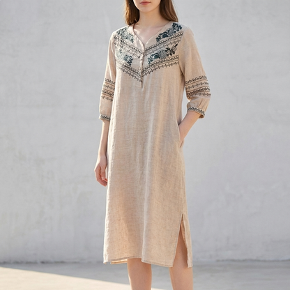 Embroidered Ethnic-Inspired Midi Dress with Split V-Neck
