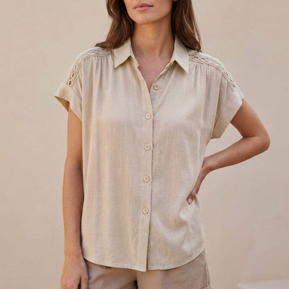 Relaxed Short-Sleeve Blouse with Delicate Crochet Lace Accents
