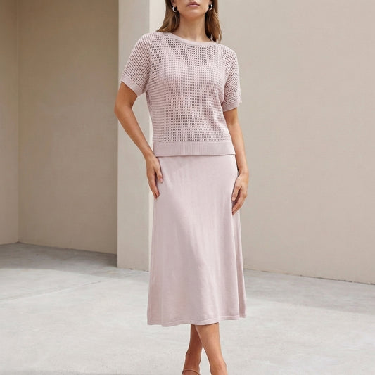 Flowing Midi Dress and Cropped Open-Knit Mesh Top Set