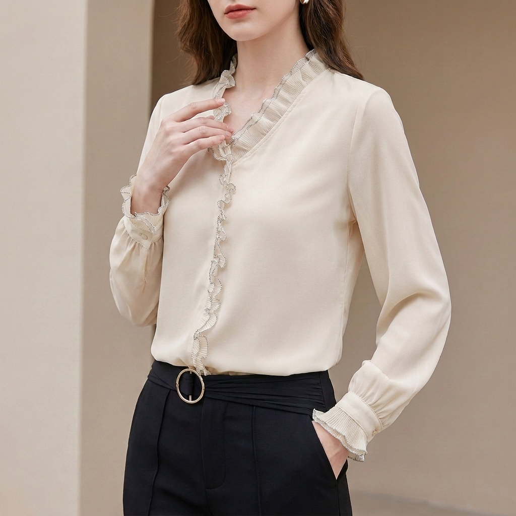 Elegant Long Sleeve Sheer Chiffon Blouse with Ruffled V-Neckline