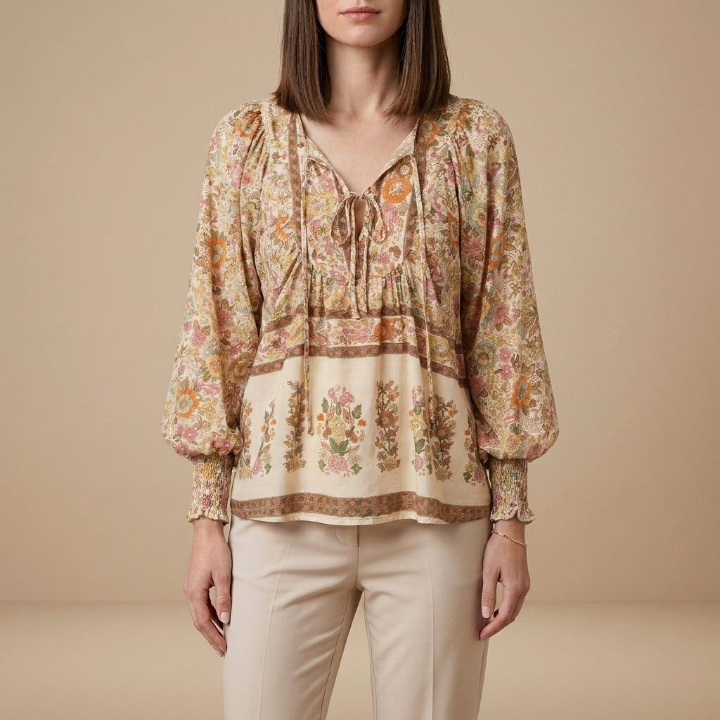 Bohemian Floral Patchwork Peasant Blouse with Tassel Tie Neck