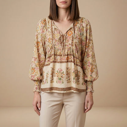 Bohemian Floral Patchwork Peasant Blouse with Tassel Tie Neck