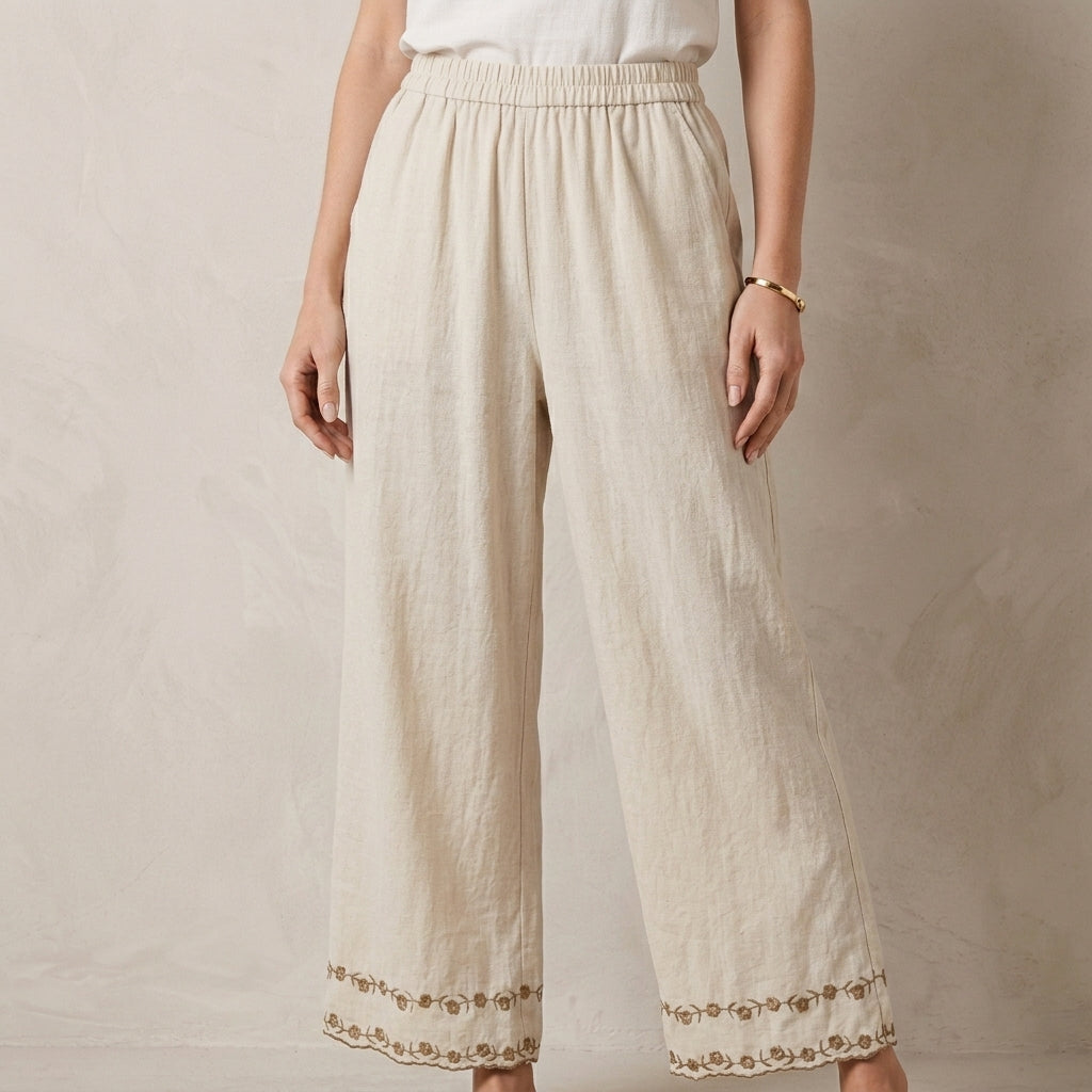 Coastal Breeze Embroidered Hem Relaxed Wide-Leg Pants