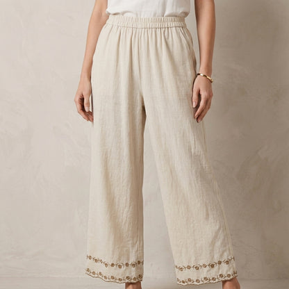 Coastal Breeze Embroidered Hem Relaxed Wide-Leg Pants