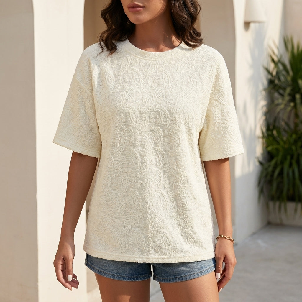 Textured Relaxed Fit Tee with Subtle Floral Pattern
