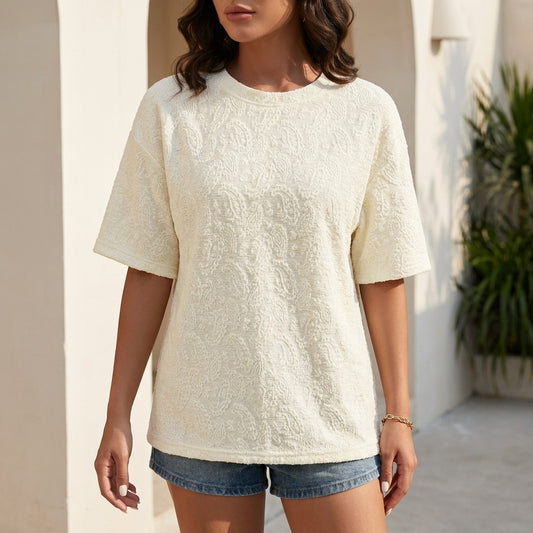 Textured Relaxed Fit Tee with Subtle Floral Pattern