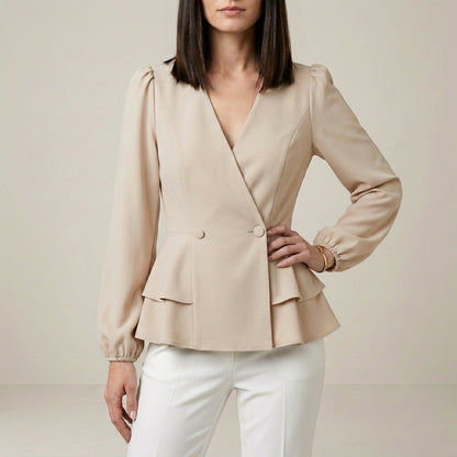 Tailored Peplum Wrap Blouse with Statement Sleeves