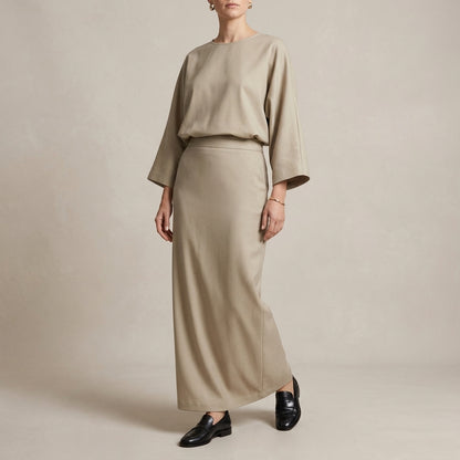 Two-Piece Textured Woven Skirt Suit with Draped High-Waist Silhouette