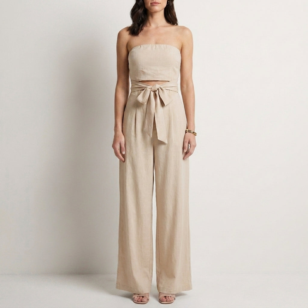 Strapless Wide-Leg Jumpsuit with Waist Tie