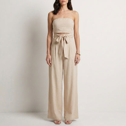 Strapless Wide-Leg Jumpsuit with Waist Tie