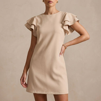Elegant Backless Shift Dress with Layered Ruffle Sleeves and Boat Neckline