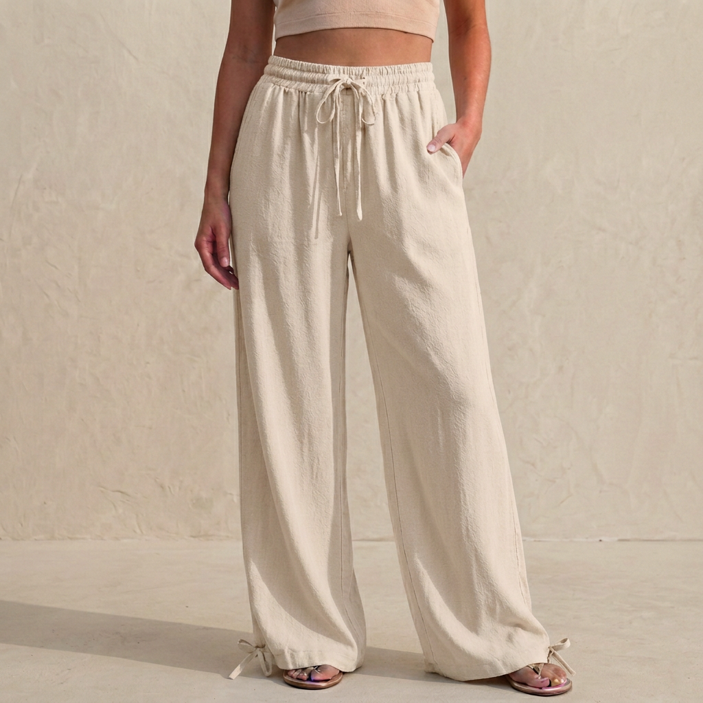 Relaxed Wide-Leg Trousers with Drawstring and Ankle Tie Detail