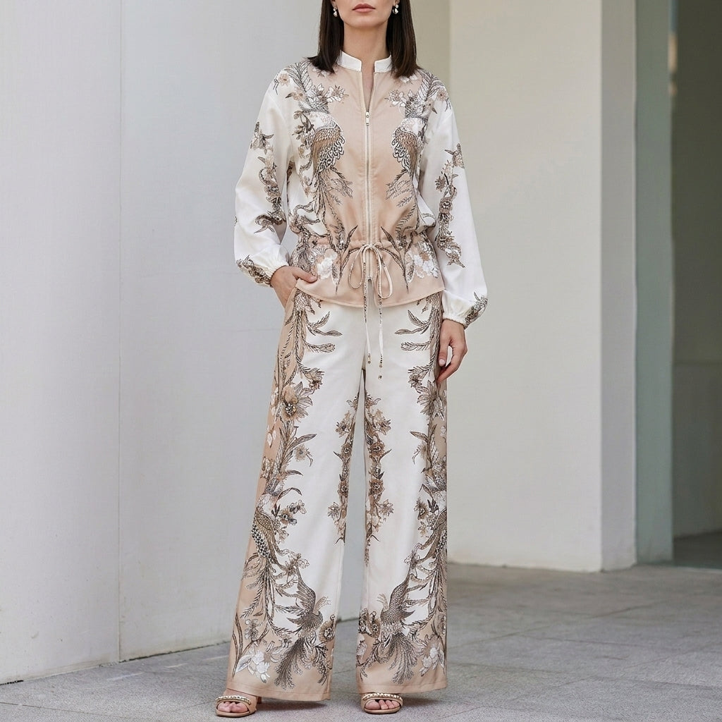 Botanical Zip-Front Top and Wide-Leg Pants Ensemble