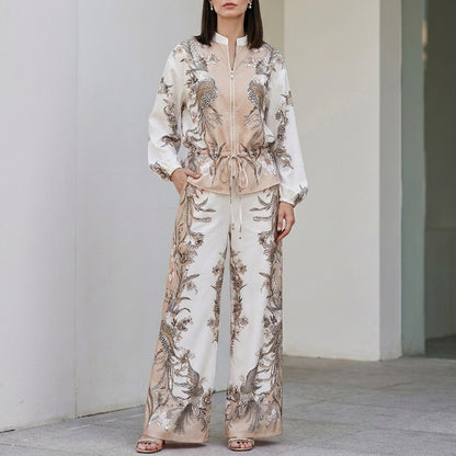 Botanical Zip-Front Top and Wide-Leg Pants Ensemble