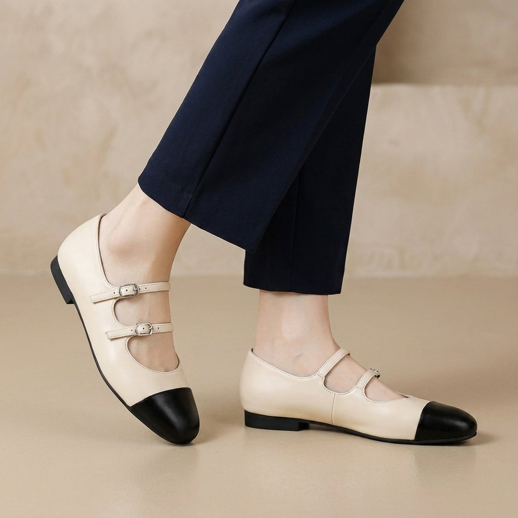 Double Buckle Mary Jane Flats with Split-Joint Cap Toe Design