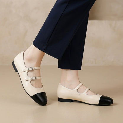 Double Buckle Mary Jane Flats with Split-Joint Cap Toe Design