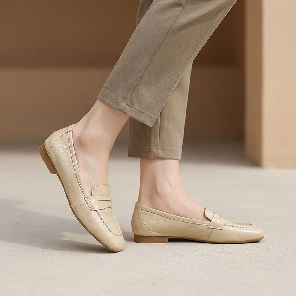 Slim Slip-On Flat Loafers with Penny Strap and Apron Stitching