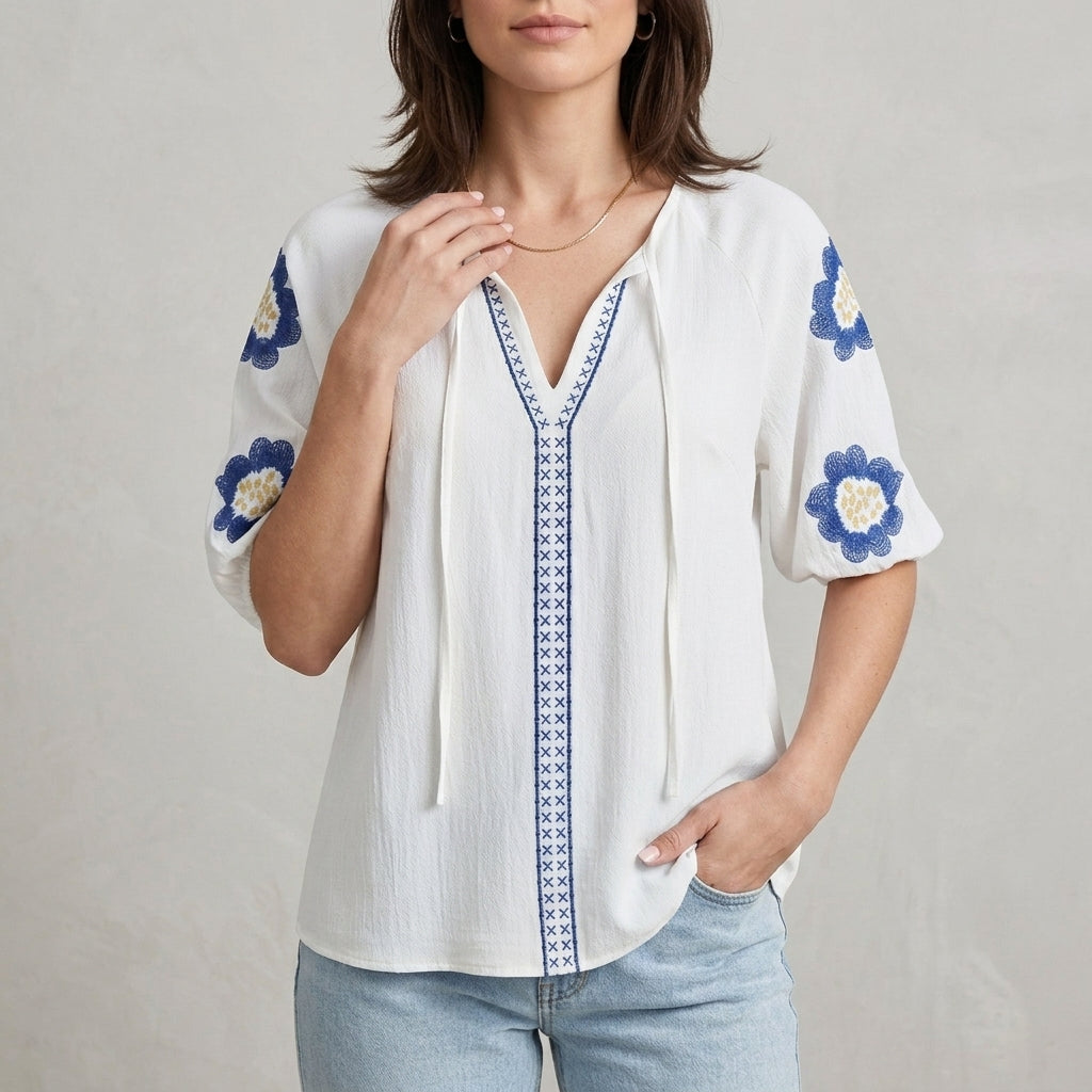 Floral Embroidered Split Neck Blouse for Effortless Elegance