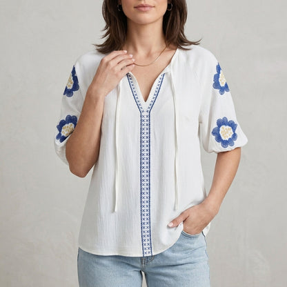 Floral Embroidered Split Neck Blouse for Effortless Elegance